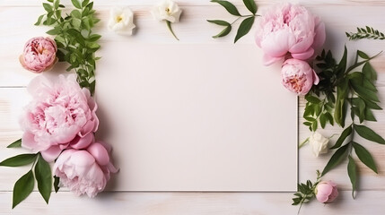 Flowers composition. Frame made of pink peonies on white wooden background.