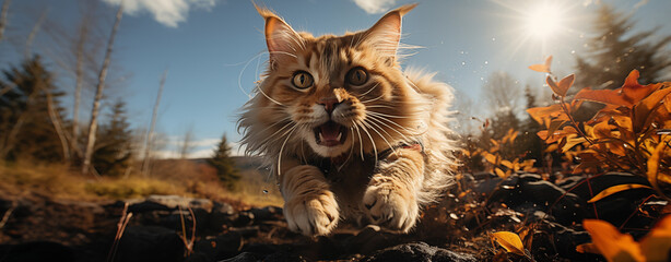 A stunning visual narrative of a fiery orange Maine Coon cat, poised in a moment of pure kinetic beauty