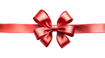 red gift present ribbon with bow in center, top view, isolated on transparent background, PNG