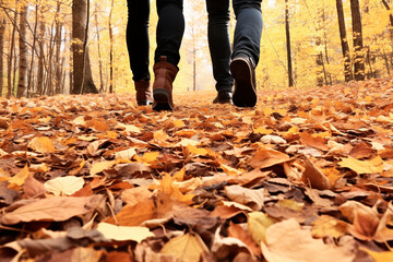 Legs of a couple walking through a forest in autumn