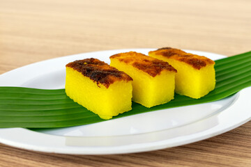 Malaysian dessert kuih bingka ubi or Baked Tapioca Cassava Cake