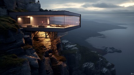 Naklejka premium A cliffside miniature house with cantilevered architecture, providing stunning views.