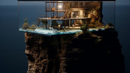 A cliffside miniature house with a glass front, offering unobstructed views of the ocean.