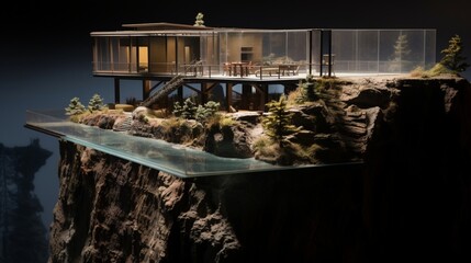 A cliffside miniature house with a cantilevered design and a glass-floored observation deck.