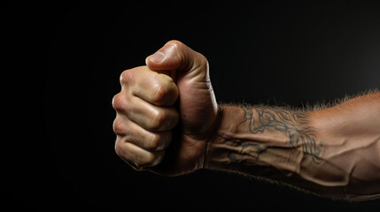 Hand in fist on black background. Concept of Power and Determination