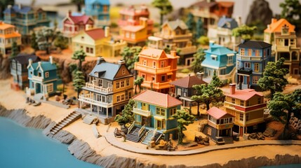 A coastal miniature village with colorful beach houses and a bustling boardwalk.