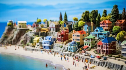 A coastal miniature village with colorful beach houses and a bustling boardwalk.