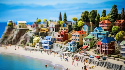 Tuinposter Afdaling naar het strand A coastal miniature village with colorful beach houses and a bustling boardwalk.
