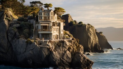 A coastal-inspired miniature home, perched on a cliff with breathtaking ocean views.