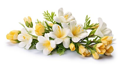 A bunch of white and yellow flowers on a white surface