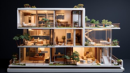 A contemporary miniature duplex with interconnected balconies and panoramic city views.