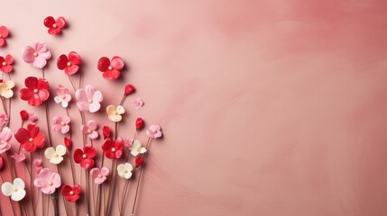 Abstract pink flowers arrangement floating. Background  with hearts for Valentines day, Illustration. Generative AI - obrazy, fototapety, plakaty