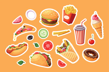 Colorful Fast Food Stickers Set. Burger, French Fries, Pizza, And Ice Cream. Cola Cup, Hotdog, Tacos With Donut