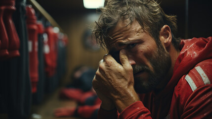 Sports coach crying in locker room. Concept of Emotional Struggle and Team Adversity.