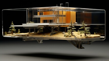 A contemporary miniature house with a transparent glass bridge connecting two wings.
