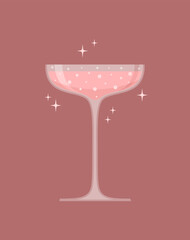 Coupe champagne glass with rose sparkling wine on a pale red background. Vector illustration in flat style