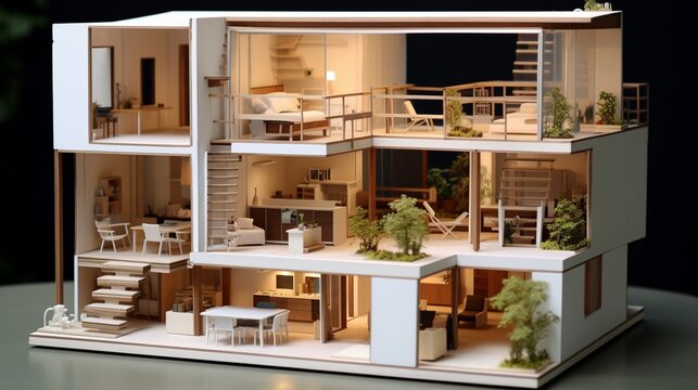 A contemporary miniature house with modular design, allowing for flexible living spaces.