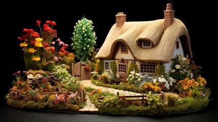 A countryside miniature cottage with a thatched roof and flower-filled garden.