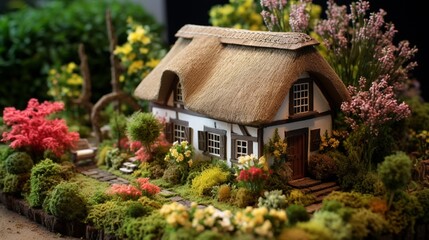 Fototapeta na wymiar A countryside miniature cottage with a thatched roof and flower-filled garden.