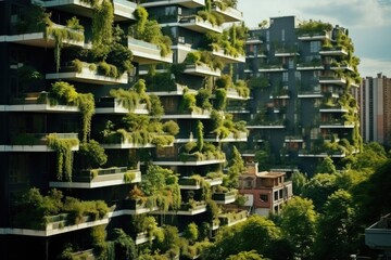 A picture of a tall building adorned with an abundance of plants on its balconies. This image can be used to showcase the beauty of urban green spaces and the integration of nature in architecture
