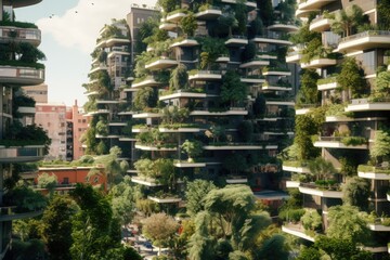 Obraz premium A picture of a very tall building covered in lush green trees. This image can be used to depict urban nature, architectural design, or a blend of nature and man-made structures