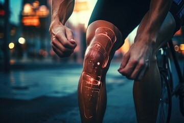 A close up image of a person with a knee injury while riding a bike. This picture can be used to illustrate the potential risks and injuries associated with cycling - obrazy, fototapety, plakaty