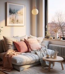 Cozy Living Room with Window View, Stylish Furniture, and Soft Lighting