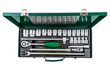 Socket set with socket wrench isolated on white background. Toolkit for the car maintenance