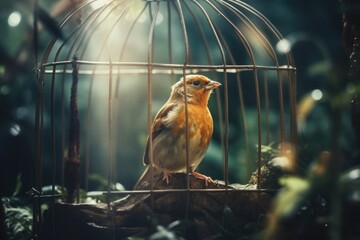 A small yellow bird sitting in a cage. Perfect for illustrating concepts of captivity or freedom - obrazy, fototapety, plakaty