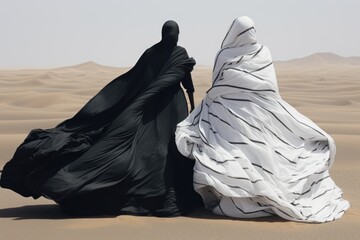 Two women wearing black and white dresses standing in a desert. Suitable for fashion or travel-related projects