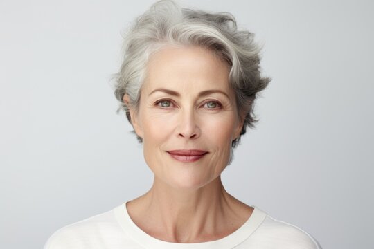 A woman with grey hair wearing a white shirt. Versatile image suitable for various concepts and themes