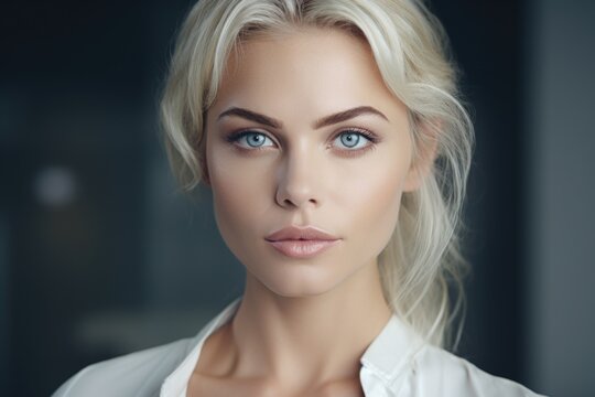 A stunning blond woman with captivating blue eyes posing for a picture. Perfect for portraits and beauty shots