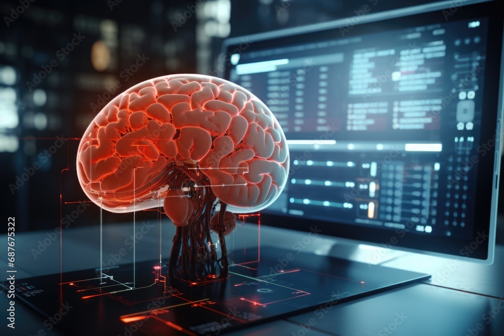Poster a computer with a brain model on top. perfect for illustrating concepts of artificial intelligence a