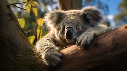 Fototapeta premium Relaxed koala in a eucalyptus tree, a cute and furry koala resting on a branch, embodying the leisurely lifestyle of this Australian marsupial