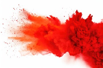 A vibrant red cloud of powder against a clean white background. Ideal for use in celebrations and events.