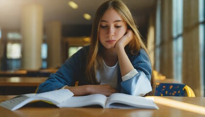  bored teenager studying preparing for exam test in the university library
