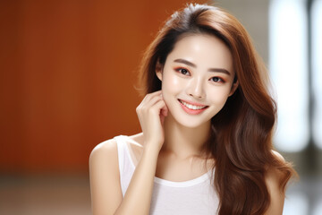 Fototapeta premium Woman with long brown hair posing for picture. Suitable for various photography and fashion-related projects.