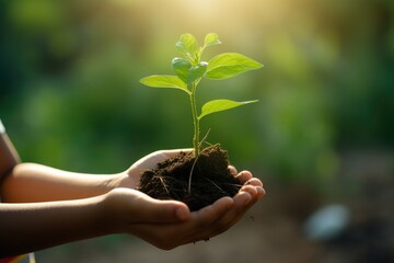 A person holding a small plant in their hands. Perfect for illustrating growth, sustainability, and the nurturing of nature.