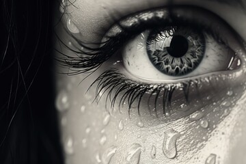 A close-up view of a person's eye with water droplets on it. 