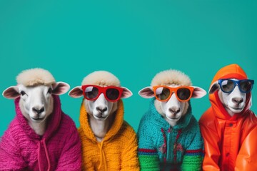A group of sheep wearing sunglasses and cozy sweaters. Perfect for adding a touch of humor and cuteness to any project