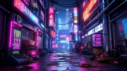 Poster Im Rahmen A cyberpunk-inspired alleyway with neon signs and holographic advertisements. © Image Studio