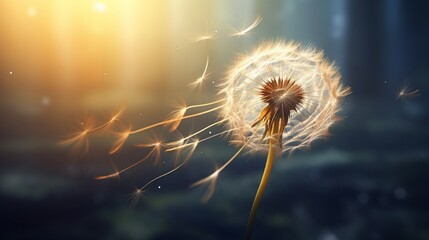 A delicate dandelion seed floating in the breeze, carrying the promise of new life.