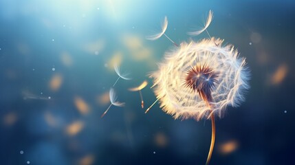 A delicate dandelion seed floating in the breeze, carrying the promise of new life.