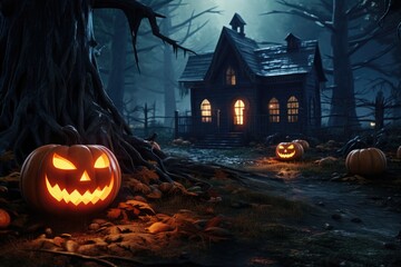 A chilling image of a house surrounded by carved pumpkins. Perfect for Halloween-themed projects