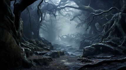 A dense fog enveloping a mystical forest, shrouding ancient trees in mystery. - obrazy, fototapety, plakaty