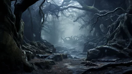 Foto auf Acrylglas Antireflex A dense fog enveloping a mystical forest, shrouding ancient trees in mystery. © Image Studio