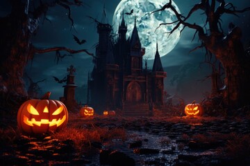 Halloween pumpkins arranged in front of a castle at night. Great for Halloween-themed designs and decorations