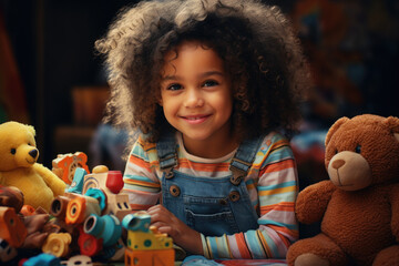 Cute little girl sits in front of pile of stuffed animals. Innocence, fun, or joy of childhood.