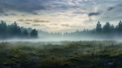 A dense fog rolling over a quiet meadow, creating an atmosphere of enchantment.