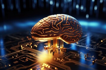 A computer circuit with a golden brain on top, representing intelligence and technology. 